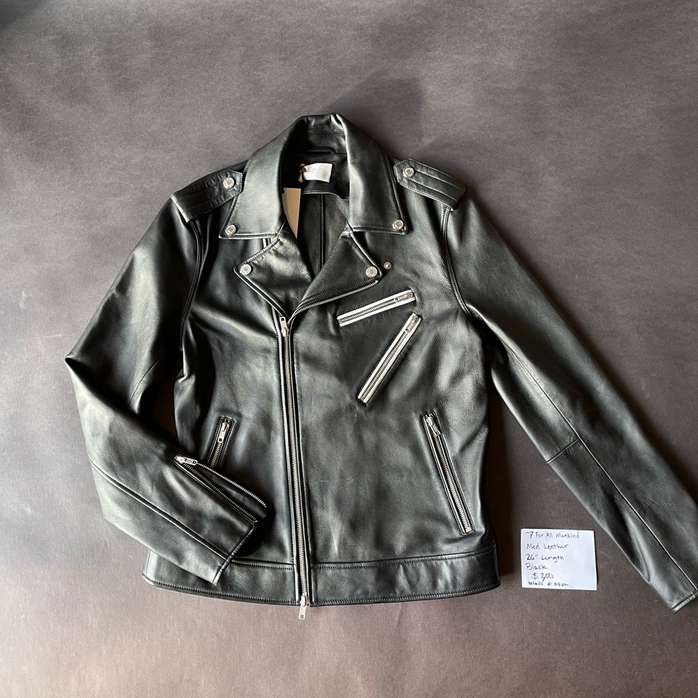 Mens designer 7 For All Mankind black leather jacket medium